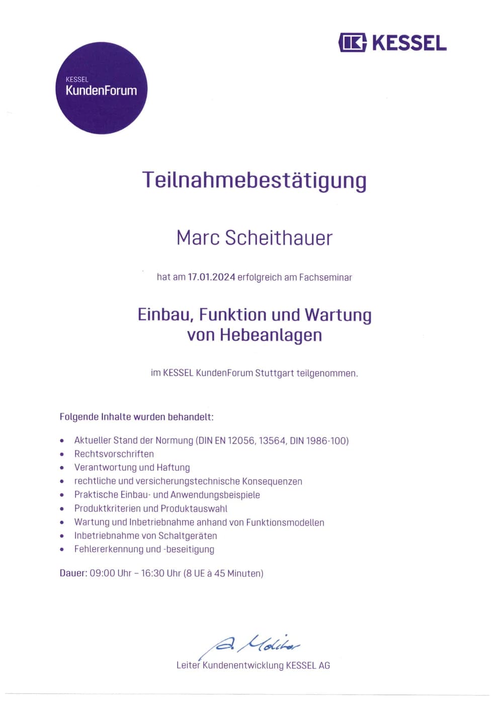 KESSEL-Teilnahmebestätigung Einbau und Wartung von Hebeanlagen – Scheithauer Rohrreinigung